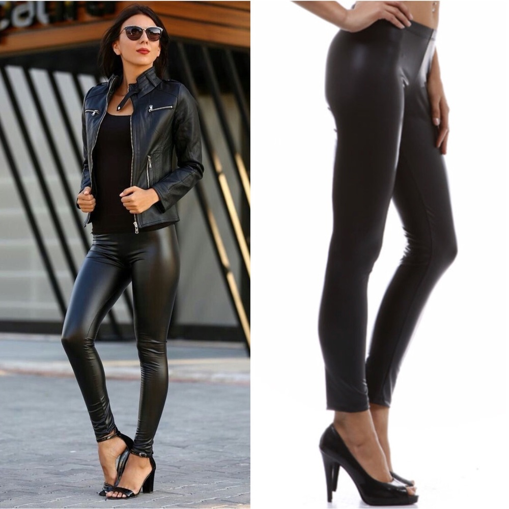 Black Matte Vegan Faux Leather Leggings - Picture 1 of 2